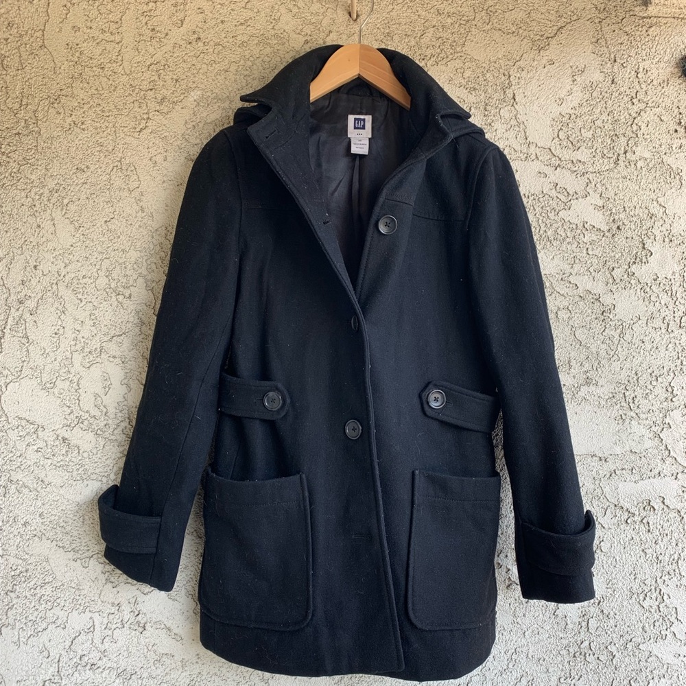 GAP Wool Button Up Pea Coat with Removable Hood